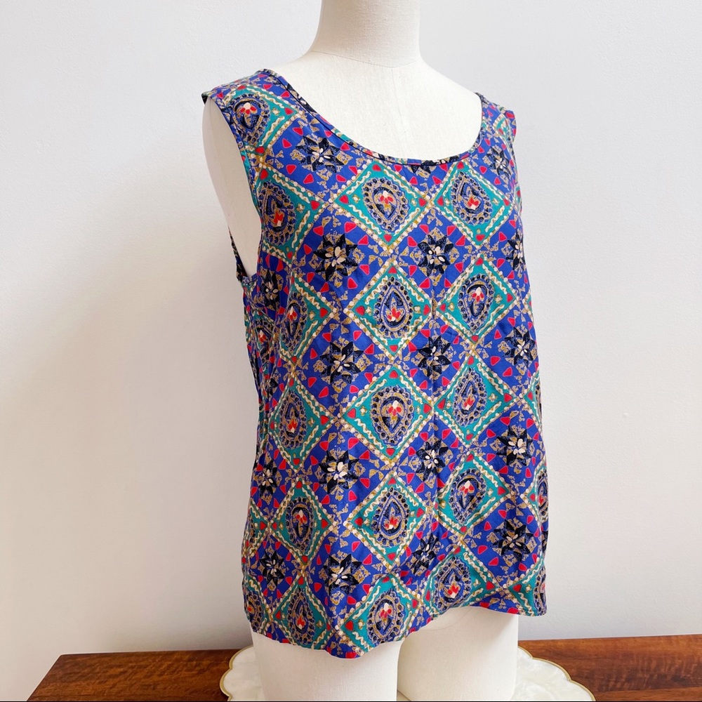 Vintage Liz Claiborne Blue Red Tank Blouse Rayon Sz L Bohemian